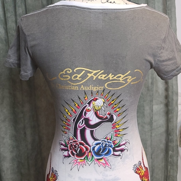 Ed Hardy extra long tee with logo and crystals Med - Picture 8 of 16